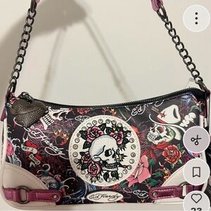 NWT Ed Hardy Black and Pink Bedazzled Skull Shoulder Bag